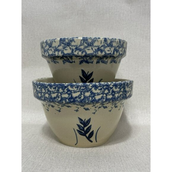 2 Ransbottom Roseville Pottery Wheat Blue Spongeware Nesting Bowls 6 & 7 Inch - Picture 3 of 10